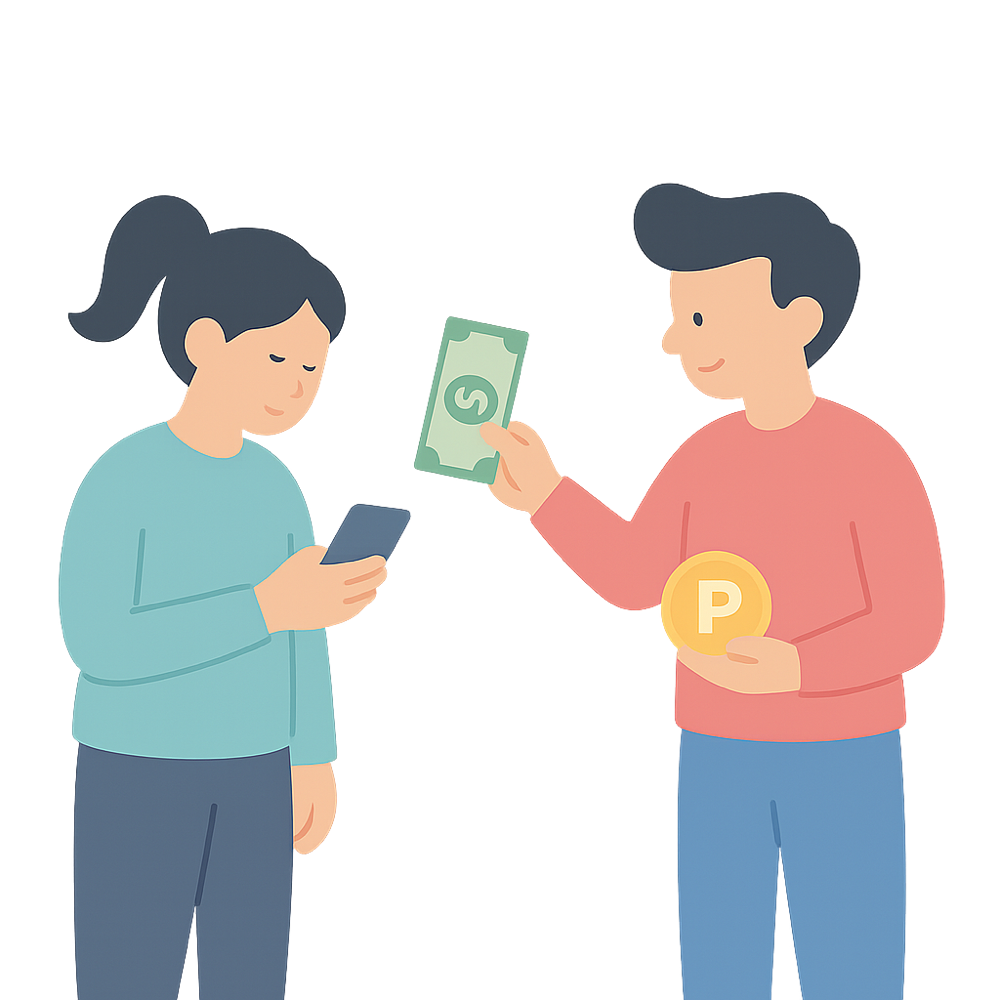 い〜とmoで支払いをする人たちのイラスト